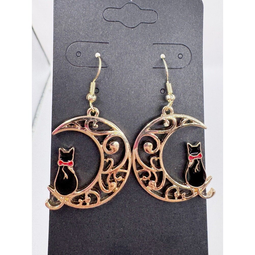 Cat Earrings Black Cat On Crescent Moon Halloween Filigree  Gold Tone